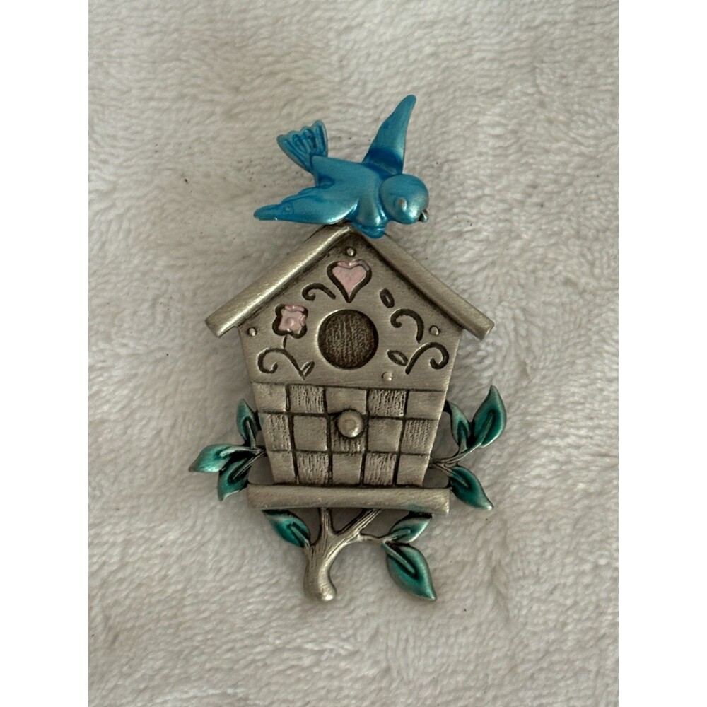 Vintage JONETTE JEWELRY (JJ) Pewter-Tone Birdhouse Brooch/Pin